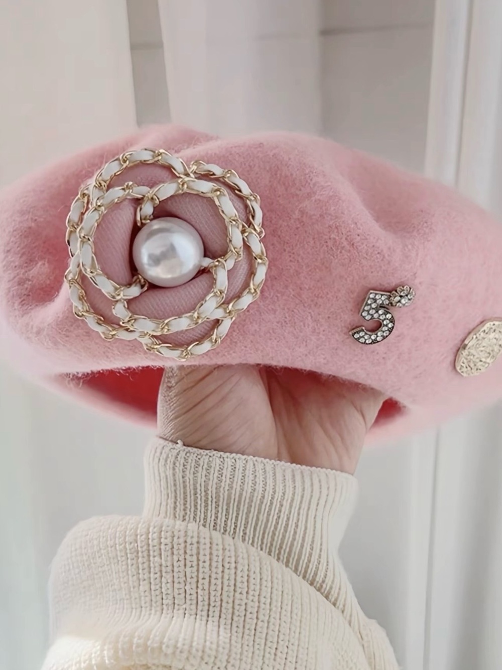 Trendy boutique Pink Wool Beret with Gold Pearl Chain Accent